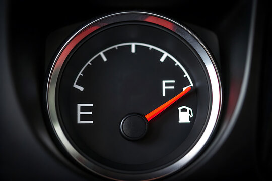 Full fuel gauge in car dashboard, vehicle gas tank indicator