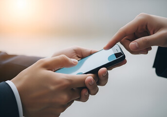 Close up of two hands interacting with a smartphone screen in a professional setting