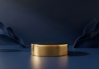 Elegant golden pedestal with dark blue fabric accents on a reflective surface