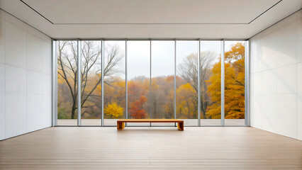 Fototapeta premium Modern minimalist room with autumn view and bench