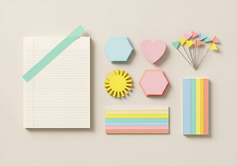A flat lay of colorful stationery including sticky notes and decorative pushpins on a neutral background