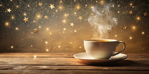 Aromatic Coffee Steam Rising with Enchanting Golden Stars on Wooden Surface