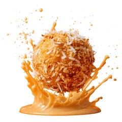 Golden coconut ball in a caramel splash
