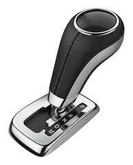 Closeup of modern cars automatic gear shift lever with leather and chrome accents, displaying the drive selection options, isolated on transparent background