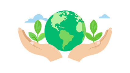 Earth day concept with green globe and growing plants in hands for environmental conservation and sustainability