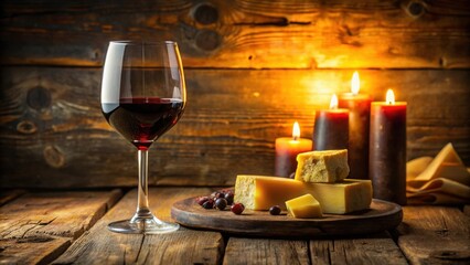 Naklejka premium Romantic evening ambiance featuring red wine, cheese, and candlelight on rustic wooden surface