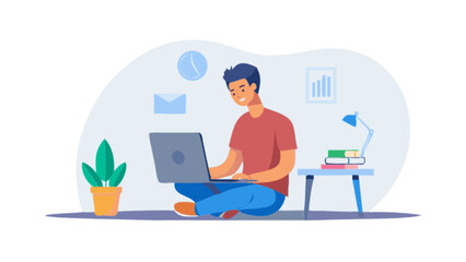 Illustration of man working on laptop from home office setup for remote work and freelance lifestyle concept