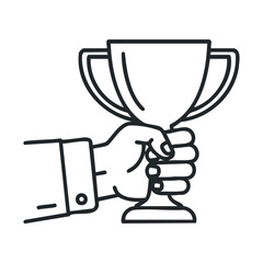 Outline of hand holding trophy icon celebrating success and achievement
