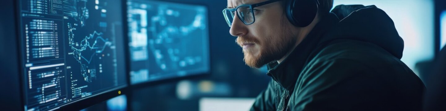 Planimeter in action with a professional analyzing spatial data on computer monitors in a focused work environment