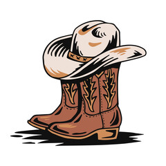 Western cowboy boots and hat vector illustration in vintage style. Ideal for apparel, posters, and country-themed graphics.