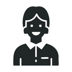 Smiling cartoon character with shirt and short hair in black and white icon style