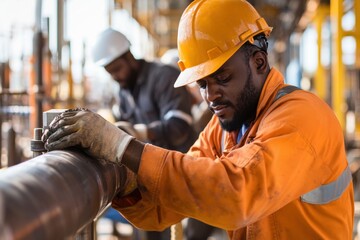 Diverse group of pipe fitters working diligently on a construction site showcasing their skills and teamwork