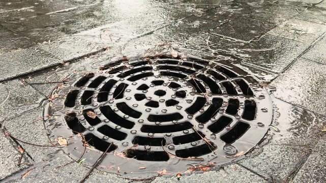 Rainwater flows through the street storm drain. High quality 4k footage