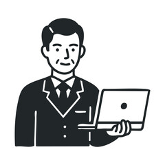 Cartoon illustration of adult caucasian male businessman holding laptop
