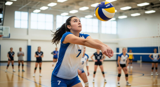 Young woman playing volleyball indoors, bumping the ball with her forearms