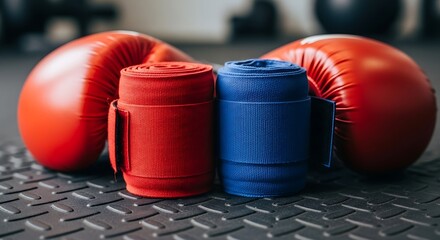 Red boxing gloves with blue and red hand wraps on a gym mat. Equipment for fighting, training, and fitness competition concepts.