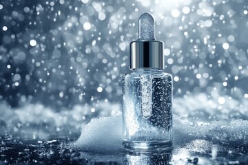 Clear cosmetic serum dropper bottle on icy surface with sparkling bokeh background