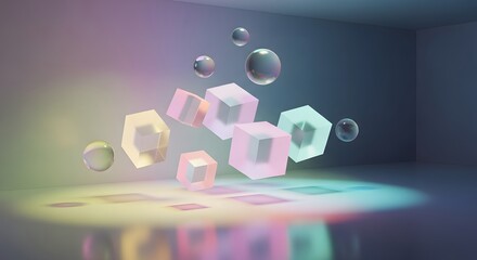 Pastel geometric shapes in a room, abstract art with geometric shapes and soft lighting, iridescent cubes and spheres suspended in space