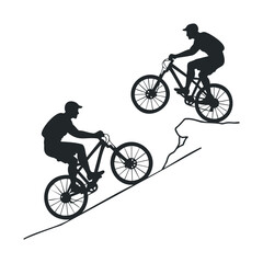 Silhouette of young males mountain biking uphill on steep terrain