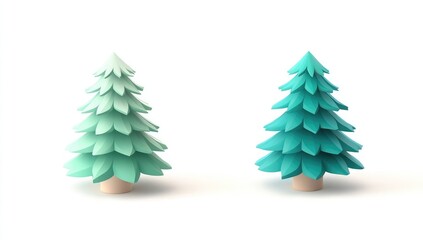 Two stylized teal christmas trees on a white background in a studio setting with soft lighting