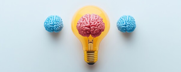 Minimalist white background with a pastel yellow light bulb containing a twocolor brain red and blue