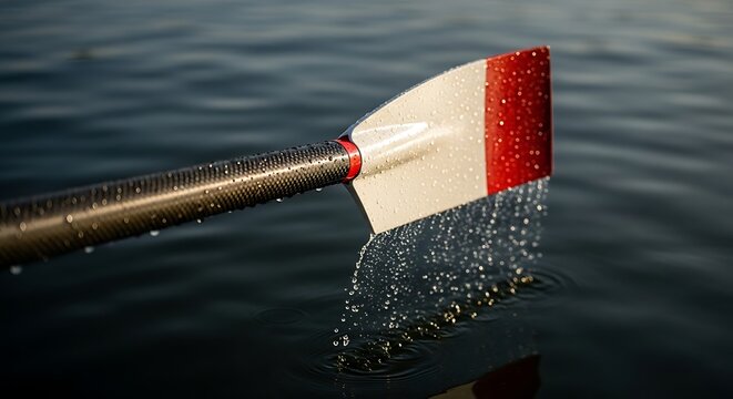 Close-up of a sculling oar blade dripping with water after a powerful stroke on a calm lake.
