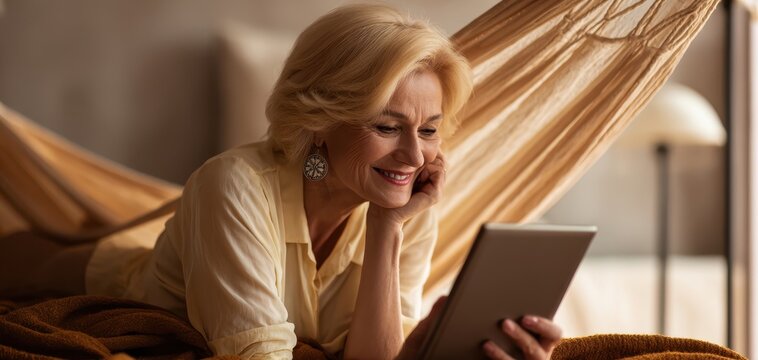 The elderly woman reading a tablet while relaxing in a cozy hammock.