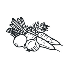 Black and white illustration of fresh vegetables: carrots, onions, and radishes
