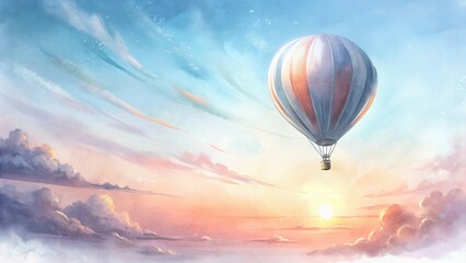 Obraz premium A colorful hot air balloon drifts serenely among pastel clouds at sunset, creating a tranquil and picturesque sky scene.