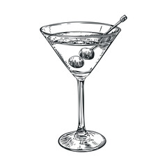 Hand-drawn martini glass with olives and stirrer line art illustration