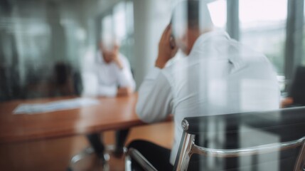 Businessman appears stressed during meeting, sitting at conference table with another individual in modern office setting. glass reflections add depth to scene, highlighting tension in discussion