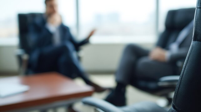 Businessman engaged in conversation in modern office setting, showcasing professional atmosphere with blurred figures in background. focus is on discussion and collaboration