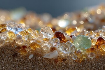 Sparkling sea glass and seashells scattered on sun-drenched beach sand