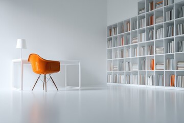 Minimalist white room with orange chair and bookshelves