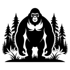 Gorilla in forest vector clean black silhouette design white background