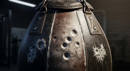 A worn leather punching bag riddled with bullet holes hangs in a dark gym, representing extreme training and resilience.