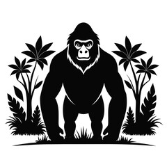 Gorilla in forest vector clean black silhouette design white background