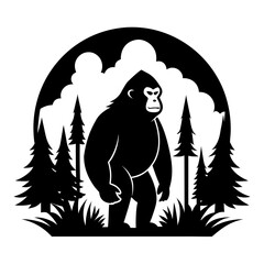 Gorilla in forest vector clean black silhouette design white background