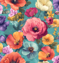 Colorful floral art shows painted texture with a teal surface for wallpaper, digital paper, branding, print design, invitations.