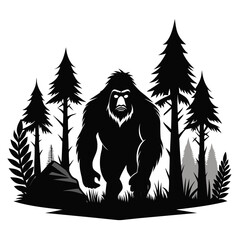 Obraz premium Gorilla in forest vector clean black silhouette design white background