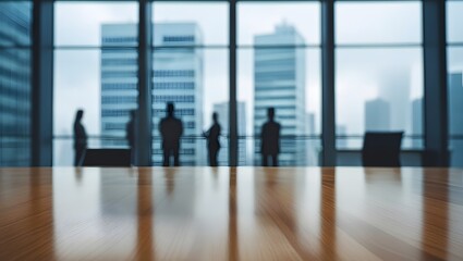 Silhouettes of business people in a modern office meeting room with city view