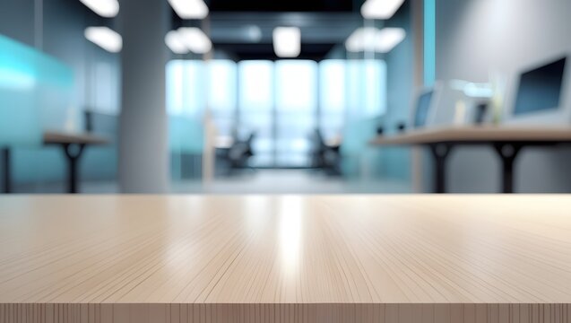 Empty modern office desk with blurred background of workspace