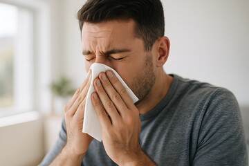Man Sneezing and Covering Nose with Tissue