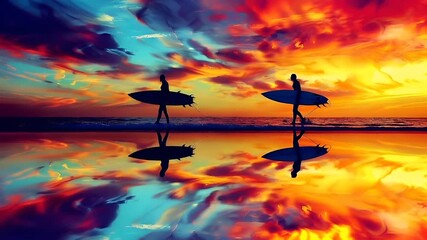 A vivid sunset over a beach scene with a surfer silhouetted against a fiery sky. The sky is awash with a myriad of colors, from deep reds and oranges to bright blues and purples.