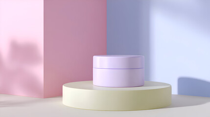 A lavender cosmetic jar rests on a podium with pastel geometric shapes in the background. The clean, minimalist scene is perfect for showcasing skincare or beauty products.