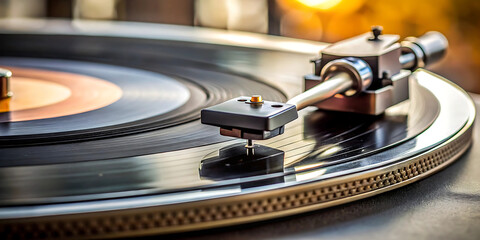 Closeup of a vintage vinyl record on a turntable, with the needle poised to play classic music