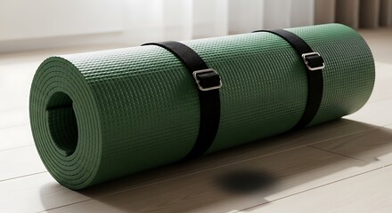 Rolled green yoga mat secured with black straps, resting on a light-colored wooden floor near a window, suggesting fitness or exercise at home.