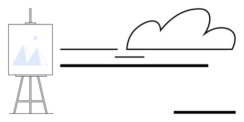 Easel holding painted canvas with geometric shapes, minimalist cloud, and abstract line elements. Ideal for creativity, imagination, art, design, innovation simplicity nature. A simple flat