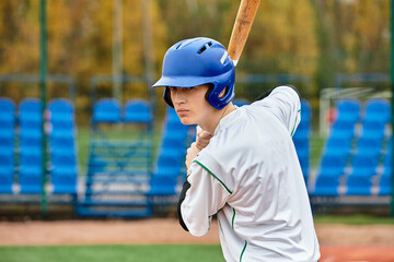 Talented teenage boy prepares to swing a baseball bat in a vibrant field setting