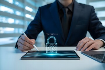 Businessman interacting with a holographic digital padlock and data streams on a tablet representing cybersecurity and data protection in a modern office
